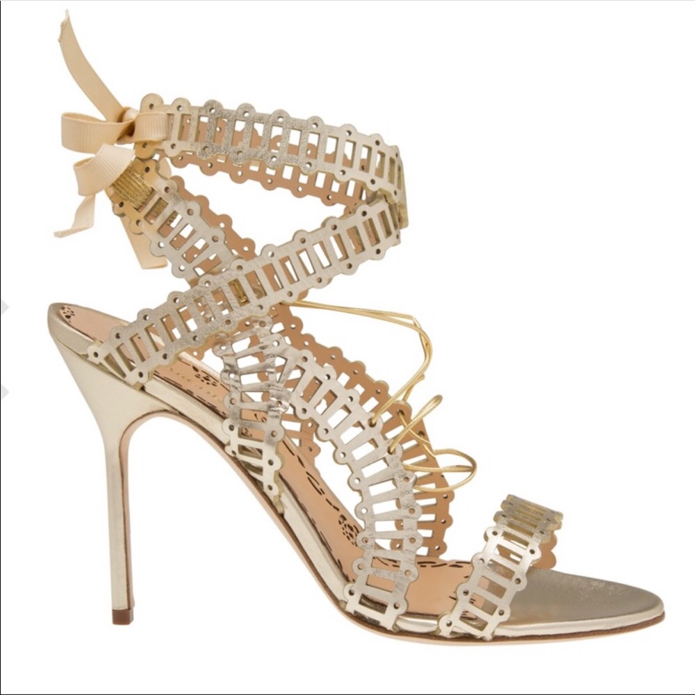 Marchesa Sarah Gold Metallic Wrap Bow Sandals Heel
